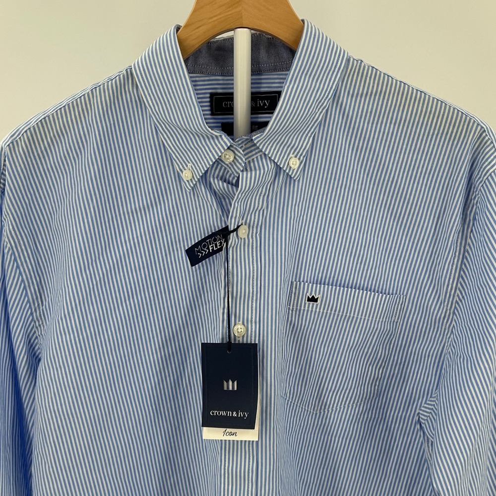 Crown & Ivy Mens Motion Flex Classic Fit Striped Button Down Shirt Blue Sail M - Picture 2 of 10